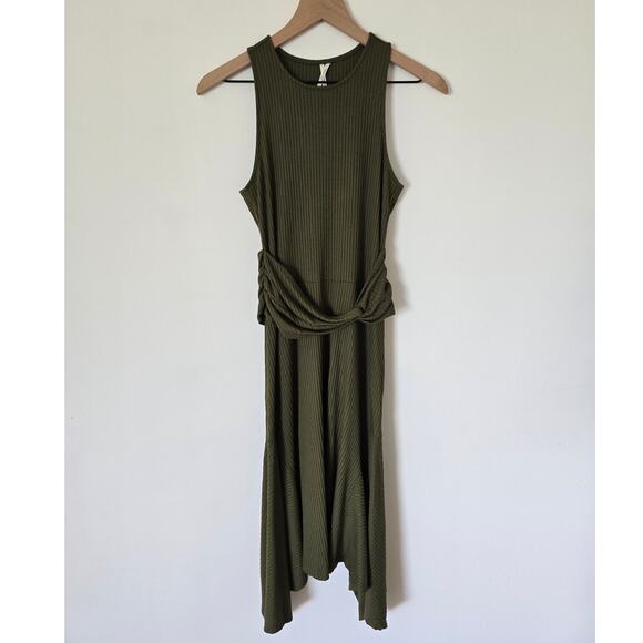 Anthropologie Olive Green Ribbed Knit Midi Dress Sz S Asym Hem Boho Chic - Picture 2 of 5
